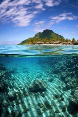 crystal clear waters surrounding a remote island, created with generative ai