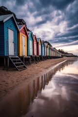 colorful beach huts lined up on the shore, created with generative ai