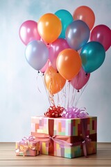 colorful birthday balloons tied to a gift box, created with generative ai