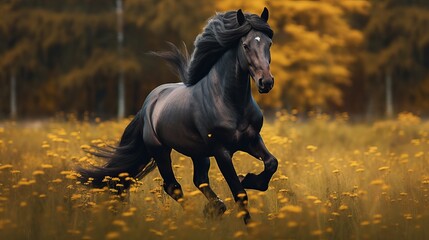 beautiful black horse playing on the field Generative AI