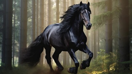 Big black horse runs in the forest background Generative AI