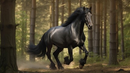 Obraz na płótnie Canvas Big black horse runs in the forest background Generative AI