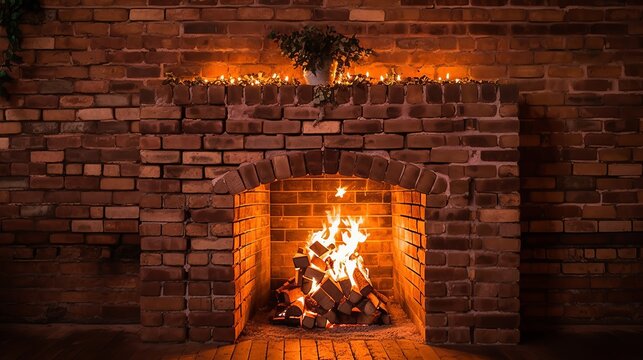 A brick fireplace in which a fire burns Generative AI