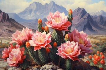 blooming cacti with a mountain backdrop, created with generative ai