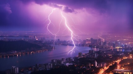 Naklejka na ściany i meble Lightning storm over city in purple light Generative AI