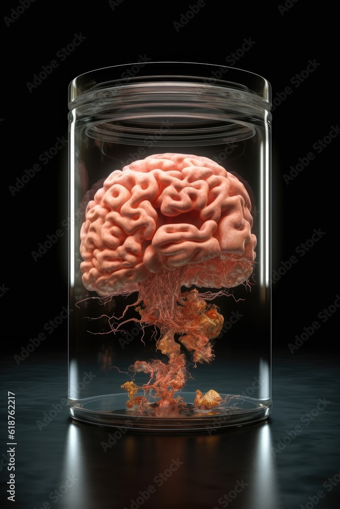 Wall mural 3d rendered brain floating in a glass jar, created with generative ai