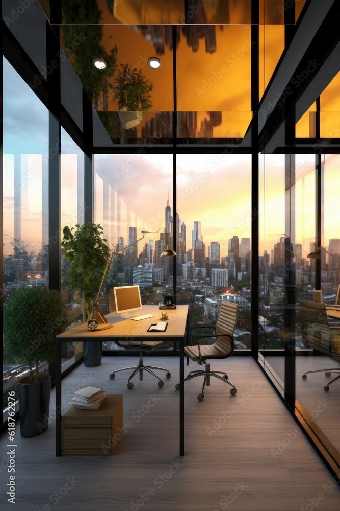 Canvas Prints a modern office interior with glass walls and city view, created with generative ai