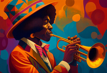 Afro-American male trumpeter musician playing a brass trumpet in an abstract vintage distressed style music painting for a poster or flyer, computer Generative AI stock illustration image