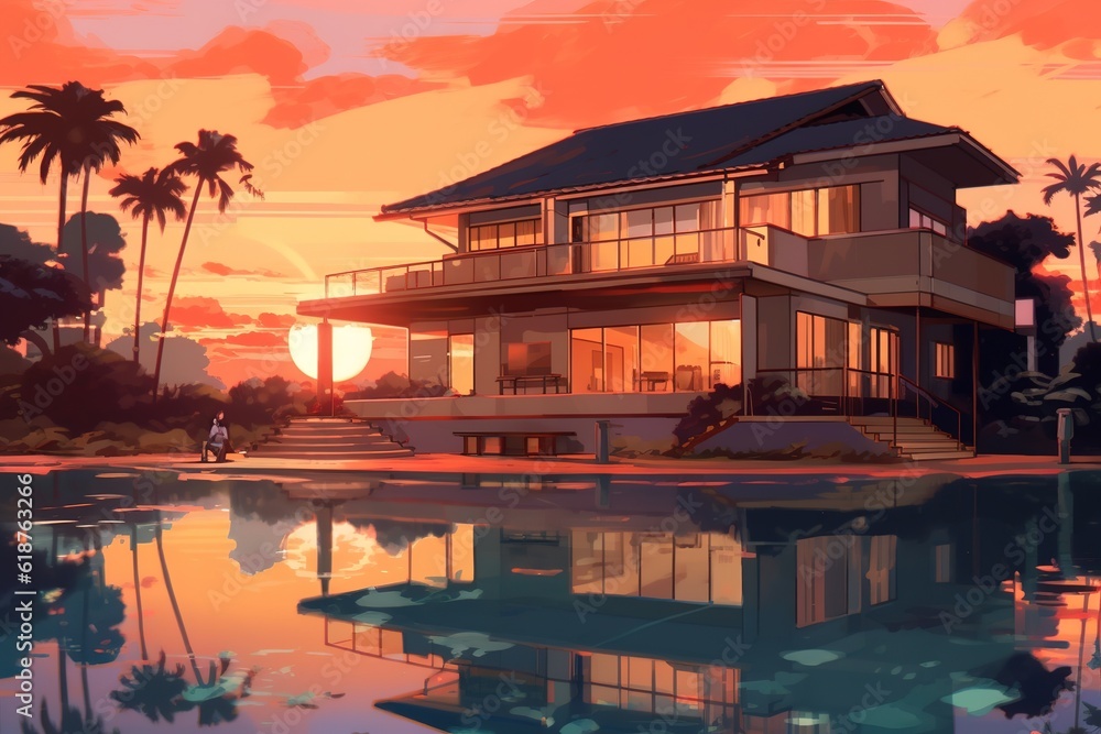 Poster a picture of a home with a setting sun in the backdrop as an example