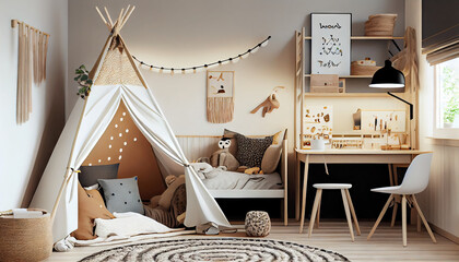 child's room with a neutral, Scandi Boho inspired decor. Generative AI