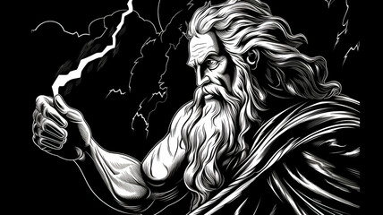 Engraved portrait of Zeus king of the gods on Mount Olympus in Greek mythology and is the god of sky and thunder who's Roman equivalent is Jupiter, computer Generative AI stock illustration image