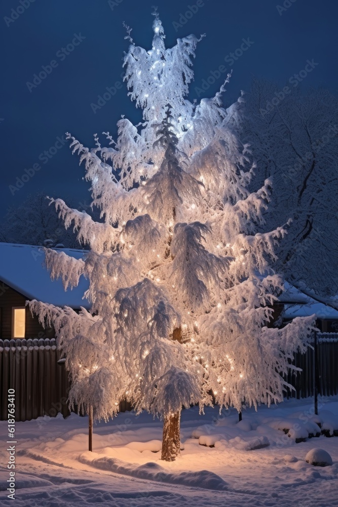 Wall mural snow-covered outdoor christmas tree glowing at night, created with generative ai