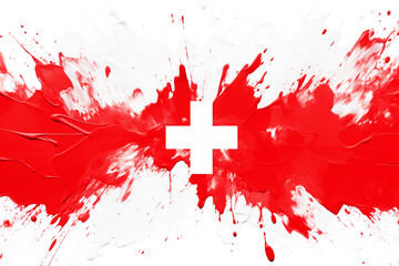 White cross on red paint splashes, stylized version of a Swiss flag, background, backdrop