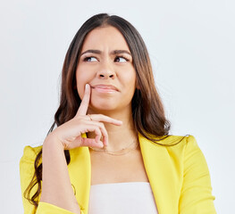 Thinking, business problem or woman face confused for solution, strategy planning or studio...