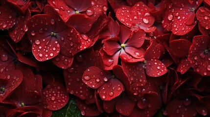 Red Hydrangeas flowers with water drops background. Closeup of blossom with glistening droplets. Generative AI