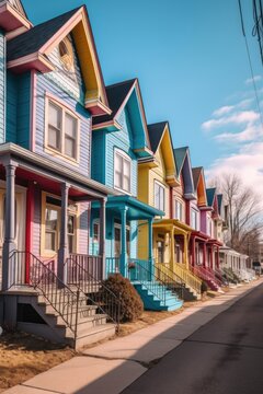 Colorful Neighborhood Houses Lined Up In A Row, Created With Generative Ai