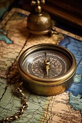 vintage brass compass on antique map, created with generative ai