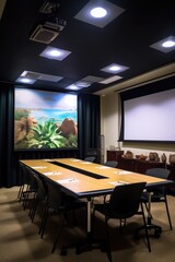 Fototapeta premium conference room with projector screen and podium, created with generative ai