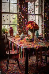 Fototapeta na wymiar colorful confetti raining down on a festive table setting, created with generative ai