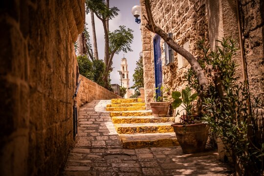 St. Peter's Church in Jaffa seen from ancient alleys in the old city of Jaffa, Israel.