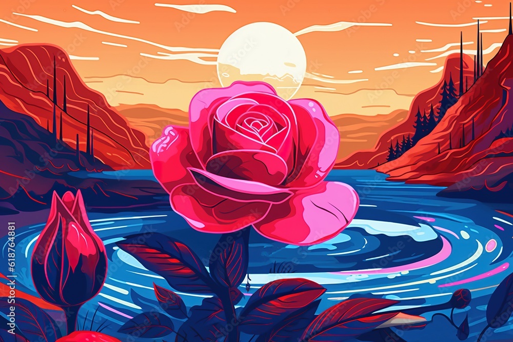 Poster a picture of a red rose floating in a pond as an example