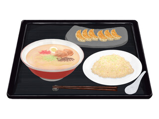 豚骨ラーメン、餃子、炒飯セット（黒トレイ）　リアルイラスト