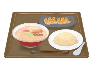 ラーメン、餃子、炒飯セット（ブラウントレイ）　リアルイラスト