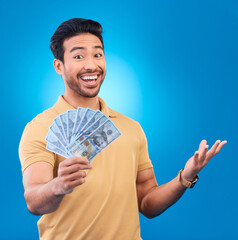 Money, studio and portrait of happy man excited for dollar bills, reward or bonus cash salary,...