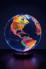 earth globe with colorful lights illuminating continents, created with generative ai