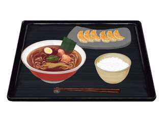 醤油ラーメン、餃子セット（黒トレイ）　リアルイラスト