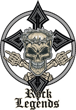Rock 'n' roll - banner, logo, emblem, label or design element. Creative lettering with skull.