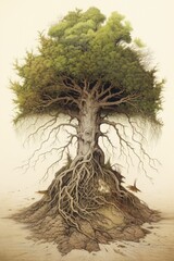 a tree forming the shape of the earth with roots visible, created with generative ai
