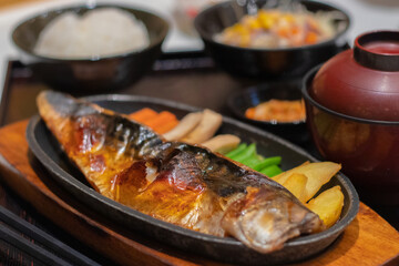 Saba grilled with soy sauce on a hot plate Japanese Set