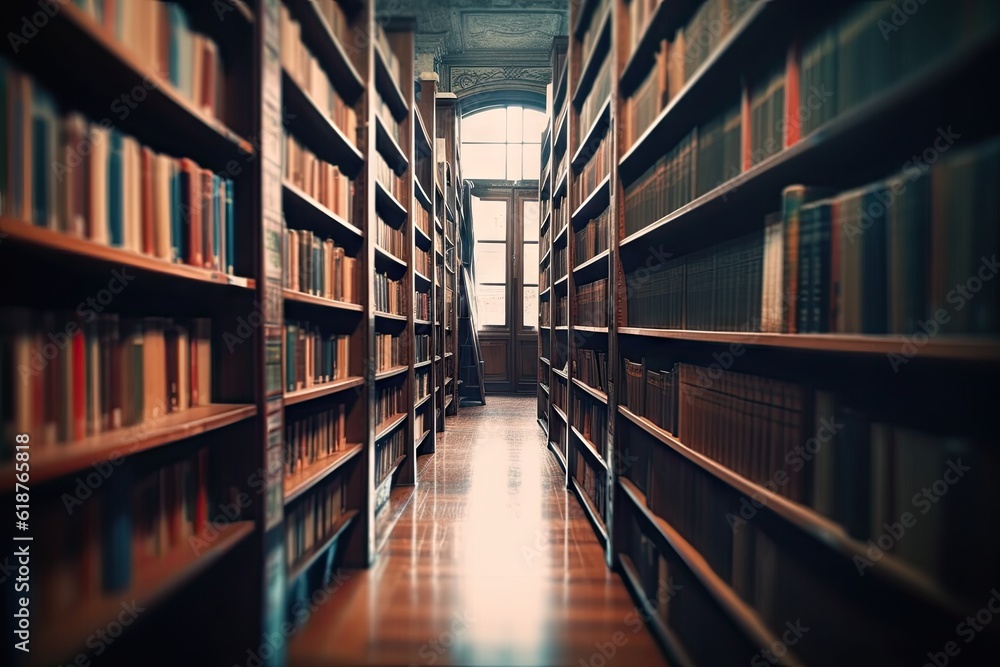 Poster bookshelf with multiple books in a library. education and learning concept