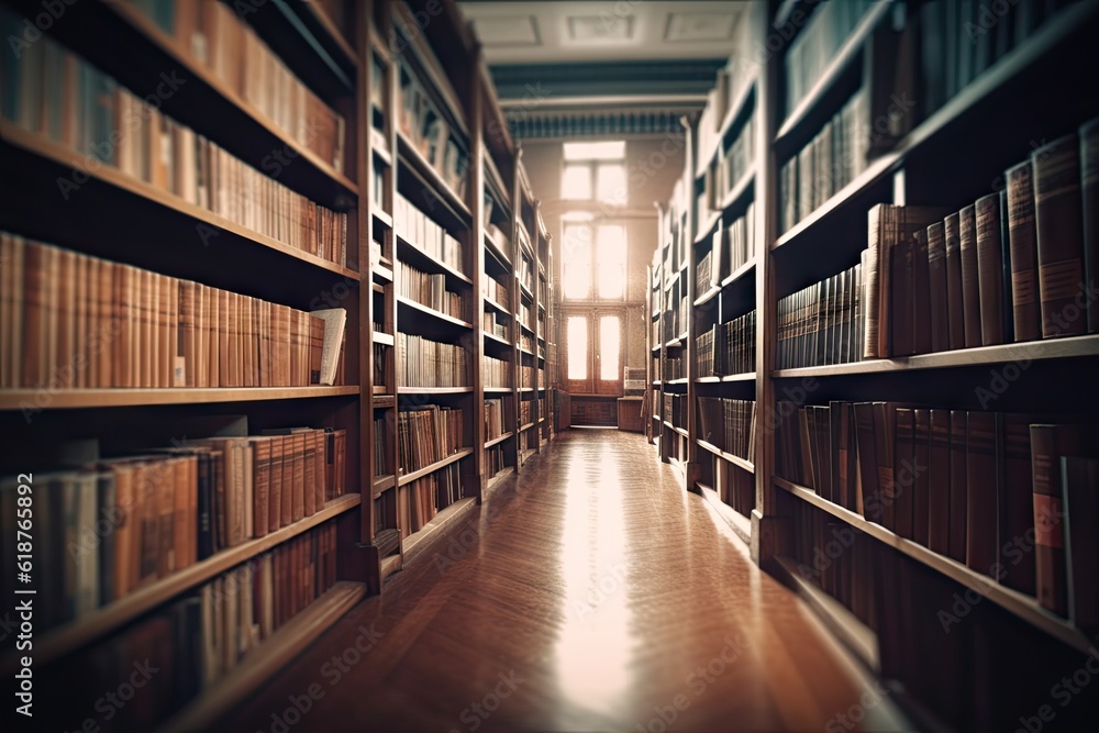 Poster bookshelf with multiple books in a library. education and learning concept
