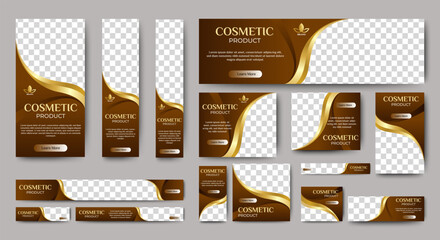 Cosmetic banner design web template Set, Horizontal header web banner. Red and Gold cover header background for website design, Social Media Cover ads banner, flyer, invitation card