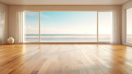 Fototapeta premium Empty apartment room with wooden floor of beach house. Sea view from windows. Copy space. Generative AI