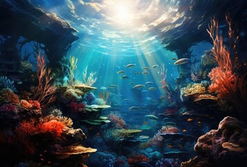 Underwater coral reef and fish in the sea.