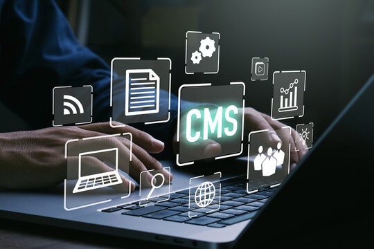 CMS - Content management system concept.Businessman using laptop to management cms software for publishing content.Blog promotion, data administration and website optimization concept.