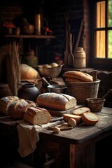 Fototapeta premium freshly baked bread on a rustic wooden table, created with generative ai