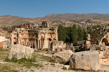 Fototapeta na wymiar Ruins of the ancient Baalbek city built in the 1st to 3rd centuries. Today UNESCO monuments. View of ancient Heliopolis's temple complex. Lebanon.