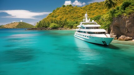 Fototapeta na wymiar Yacht ship in near islands. Huge yacht ship in blue sea. Generative Ai.