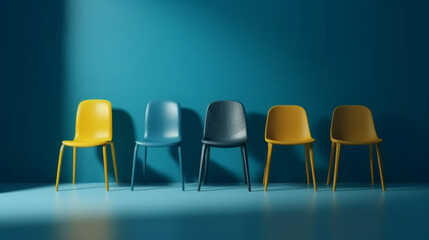 several blue and yellow chairs line up against a blue background photo, in the style of yellow and amber