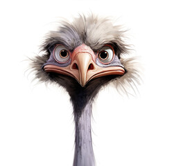 Funny ostrich bird cartoon comic drawing character portrait isolated on white background generative AI illustration. Crazy animals concept