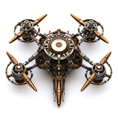 Drone helicopter chopper aircraft in steampunk style symbolic isolated on white background. Concept generative AI image.