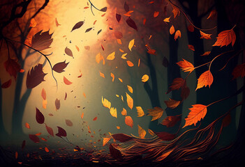Autumn leaves fall from the trees. AI Generated
