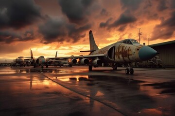 Fototapeta na wymiar decommissioned military jets under a dramatic sky, created with generative ai