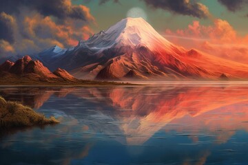 Fototapeta na wymiar erupting volcano reflected in a calm nearby lake, created with generative ai