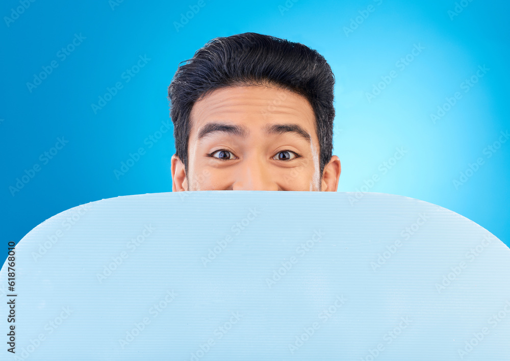 Poster board, peek and portrait of a man in a studio with mockup space for marketing, advertising or promot