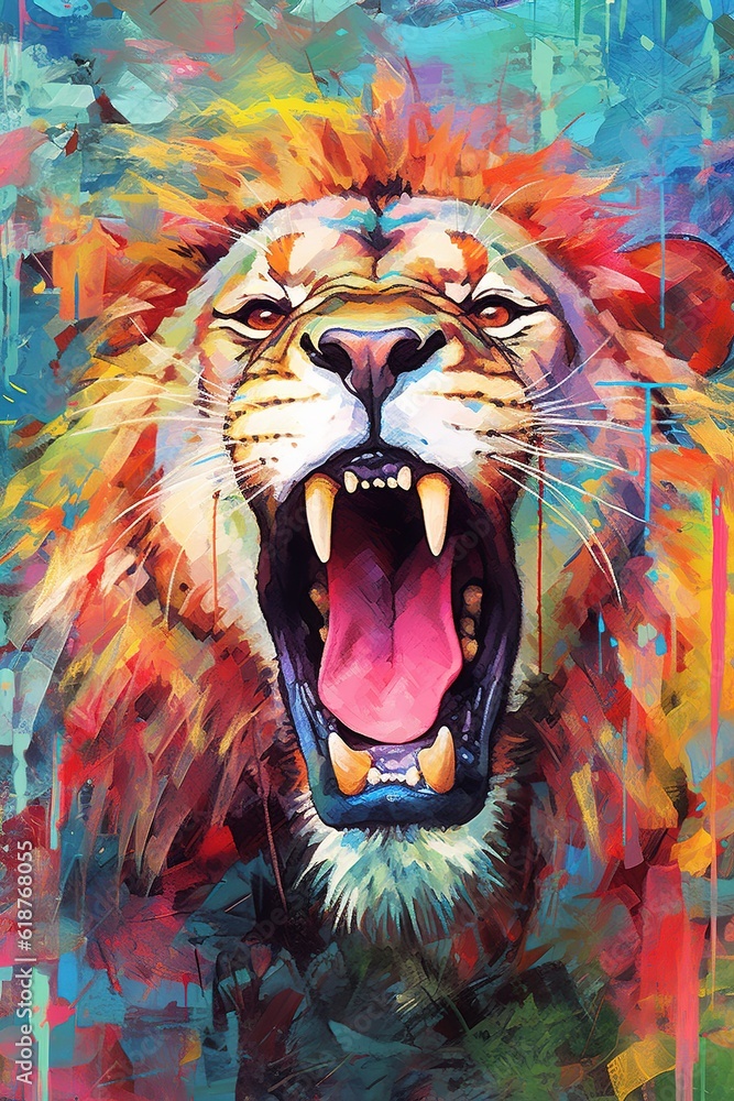 Poster an image depicting a lion with its jaws wide open